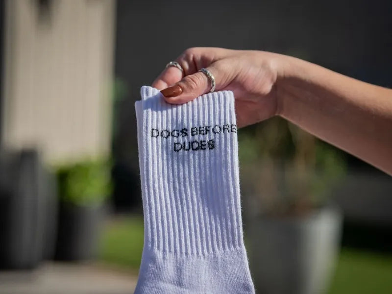‘Dogs Before Dudes’ Embroidered White Socks