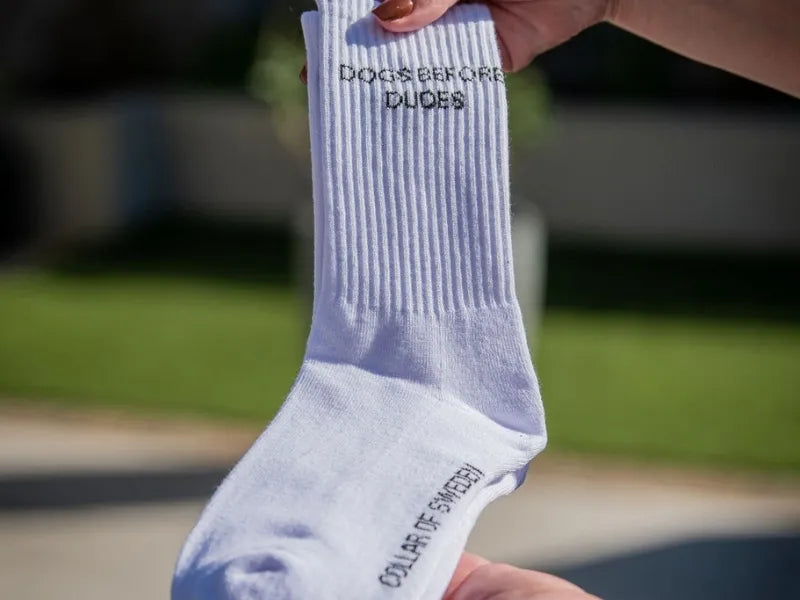 ‘Dogs Before Dudes’ Embroidered White Socks