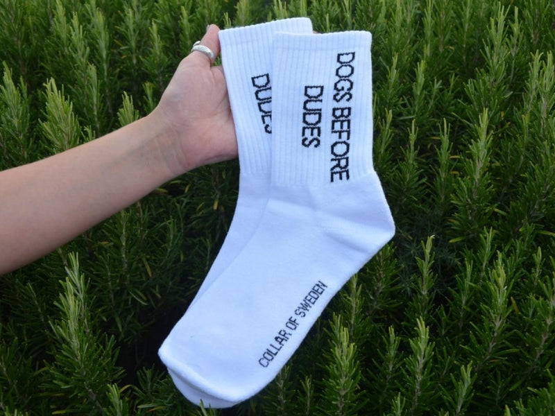 ‘Dogs Before Dudes’ Embroidered White Socks