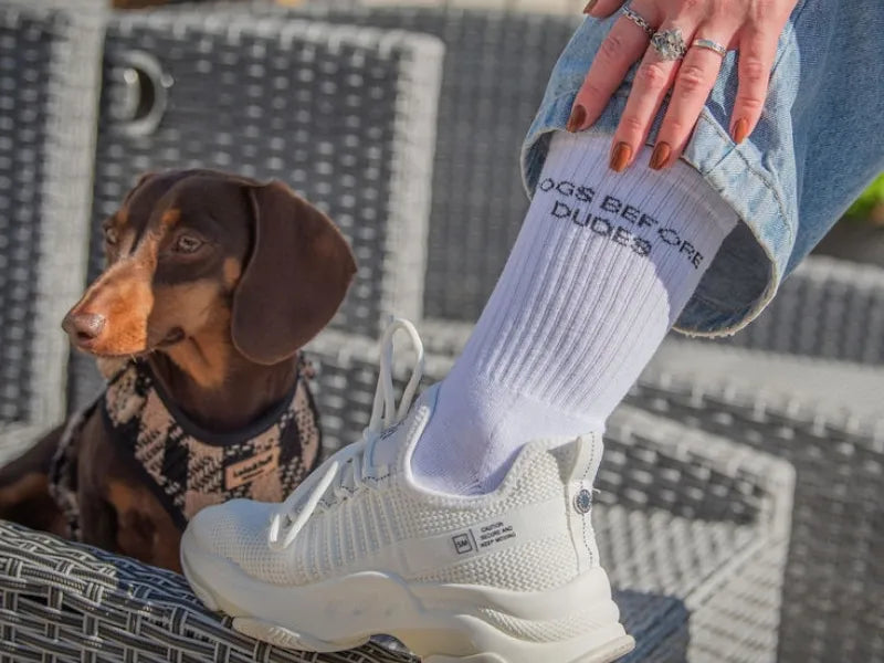 ‘Dogs Before Dudes’ Embroidered White Socks