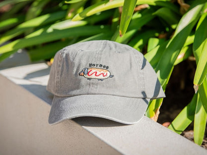 Adjustable dachshund baseball cap in premium grey washed denim.