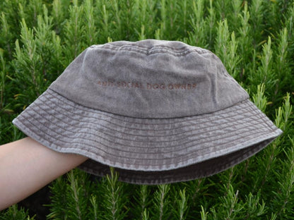 'Dogs and Wine Make Everything Fine' Brown Washed Denim Bucket Hat