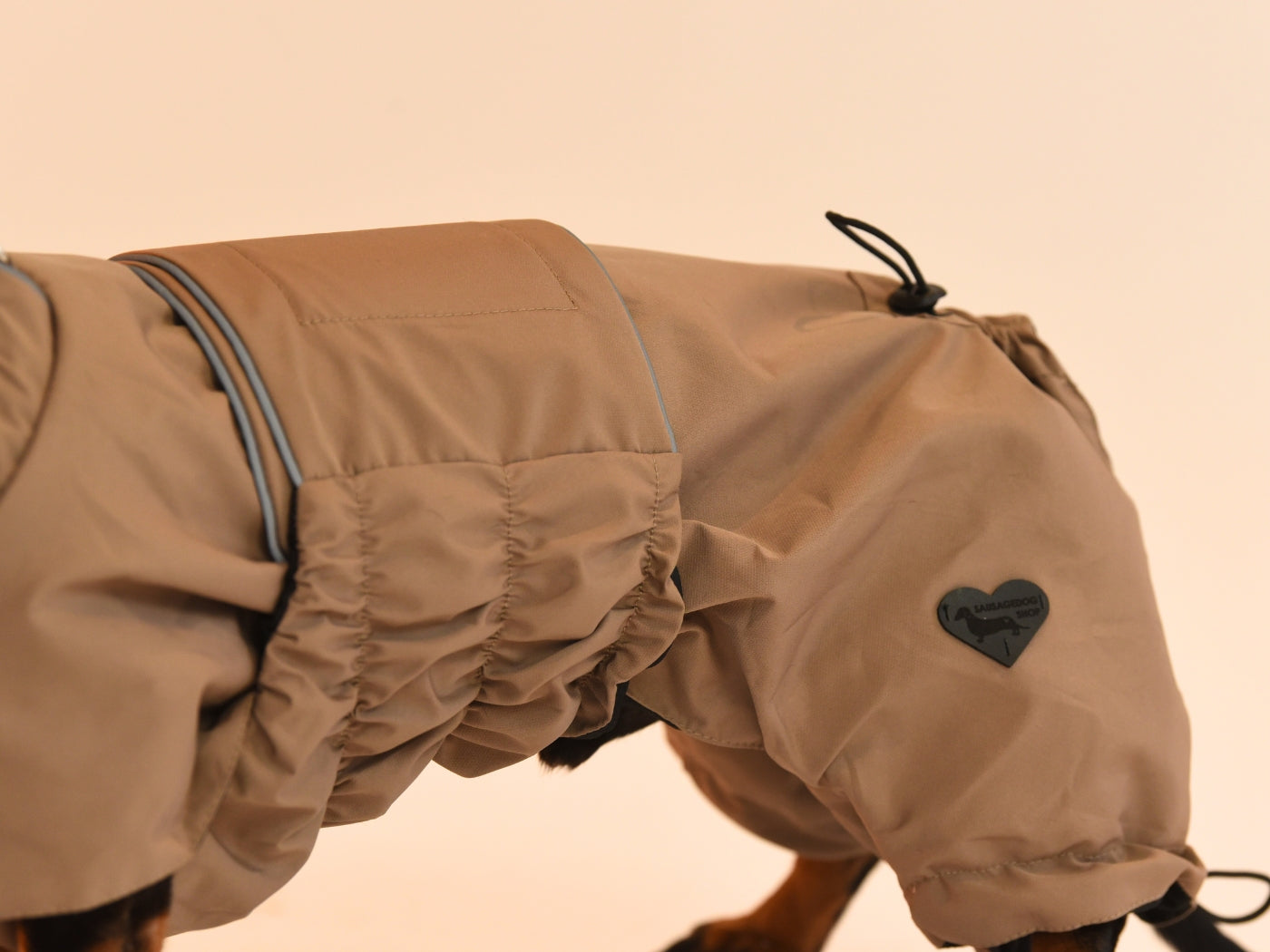 Close up of the Beige Waterproof Dachshund Raincoat.