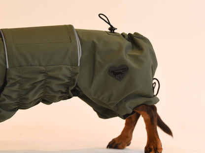 Close up of the Khaki Dachshund Raincoat.