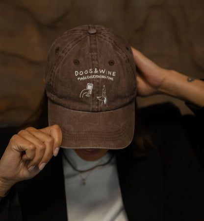 'Dogs and Wine Make Everything Fine' Brown Washed Denim Icon Cap