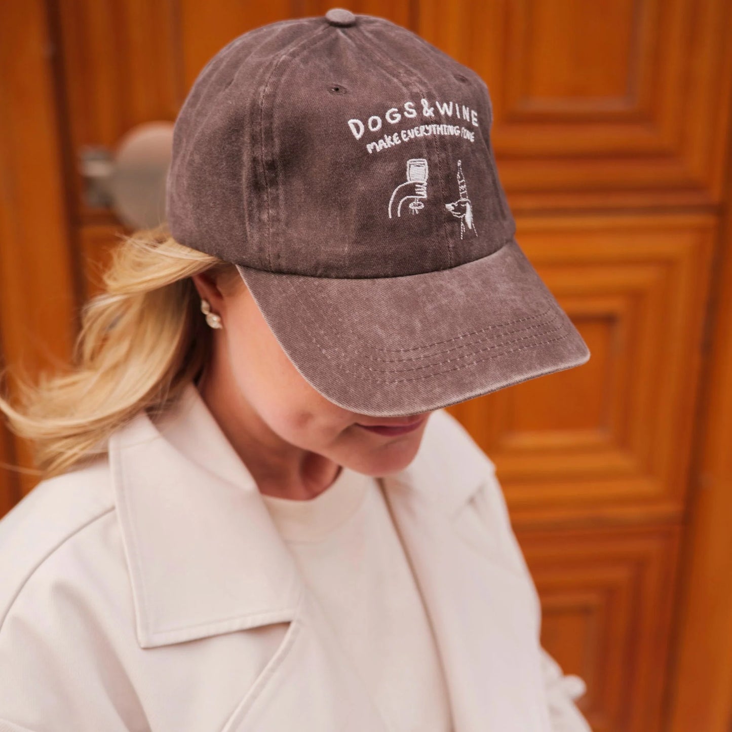 'Dogs and Wine Make Everything Fine' Brown Washed Denim Icon Cap