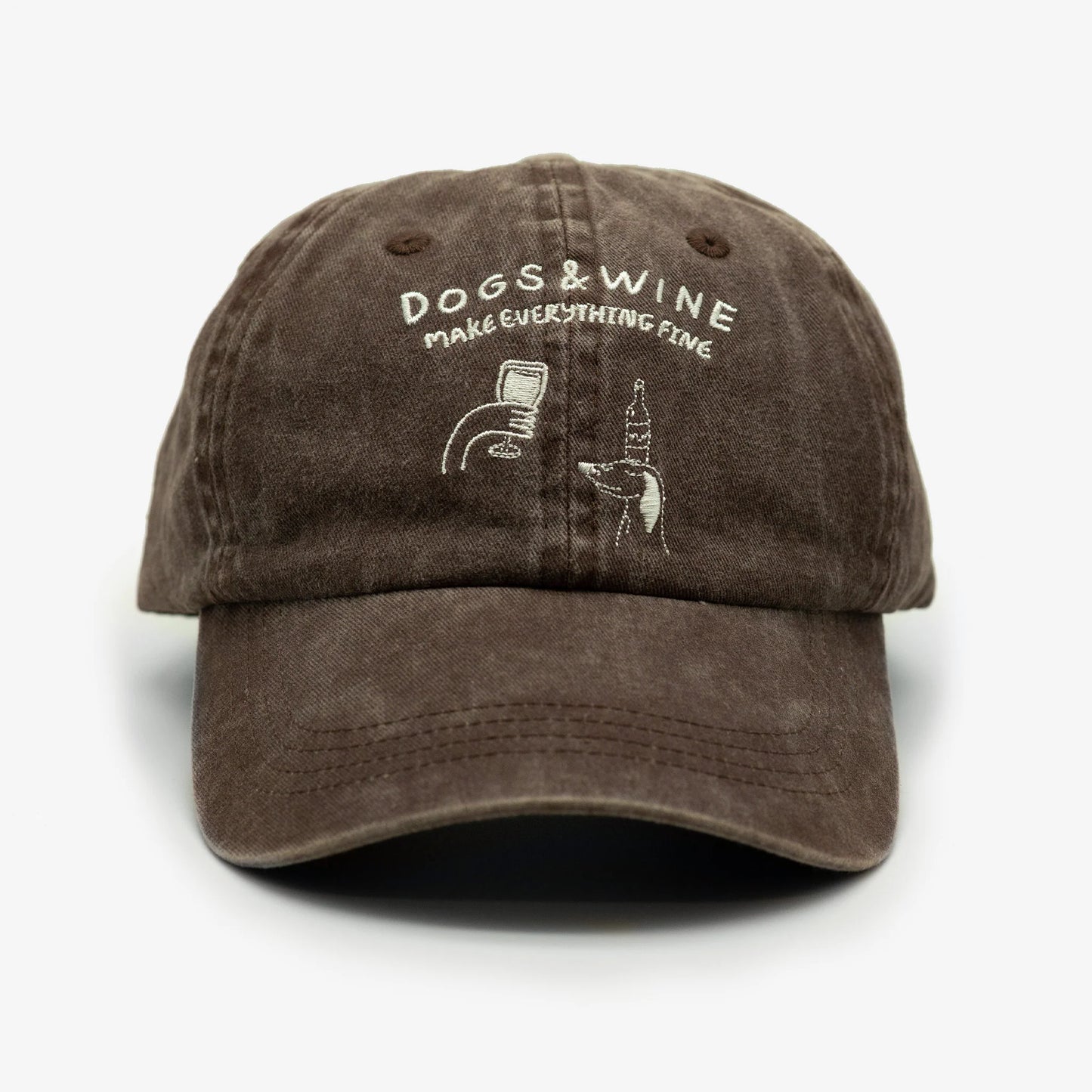 'Dogs and Wine Make Everything Fine' Brown Washed Denim Icon Cap