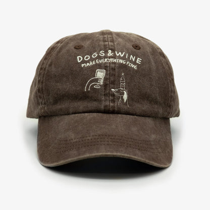 'Dogs and Wine Make Everything Fine' Brown Washed Denim Icon Cap