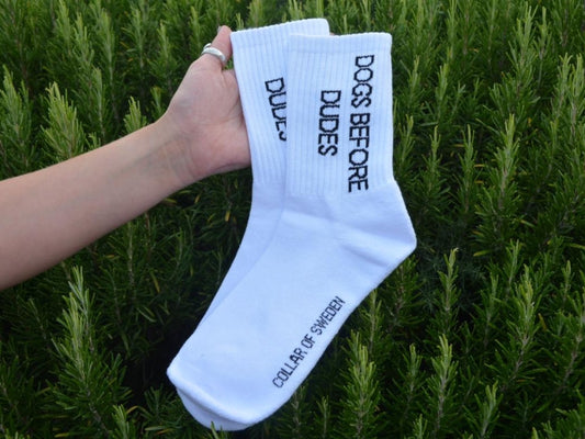 ‘Dogs Before Dudes’ Embroidered White Socks