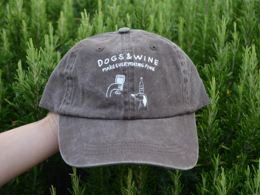'Dogs and Wine Make Everything Fine' Brown Washed Denim Icon Cap