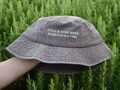'Dogs and Wine Make Everything Fine' Brown Washed Denim Bucket Hat