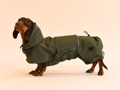 Khaki Raincoat for Dachshunds side view.