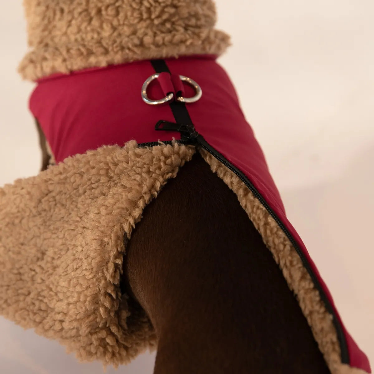 Close-up of the inside borg fleece material of the Pink Dachshund Teddy Bear Coat.